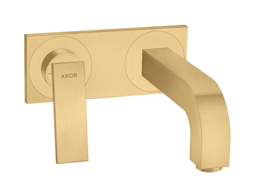 Waschtischmischer von AXOR in Brushed Gold Optic mit einem Hebelgriff, Unterputzmontage und gebogenem Auslauf. Eignet sich für die Wandinstallation.